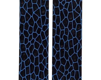 May include: Two rectangular panels with a black background and a blue, irregular, interconnected pattern. The design resembles a mosaic or a network of cells. The panels are side by side.