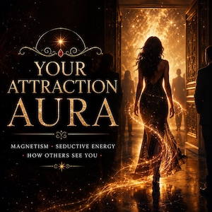 以下が含まれることがあります： 金色の文字でYOUR ATTRACTION AURA、MAGNETISM、SEDUCTIVE ENERGY、HOW OTHERS SEE YOUと書かれたデジタルグラフィック。背景には、暗く輝くガウンを着た人物が、他の人影と共に明るく光る出入り口に向かって歩いている様子が描かれています。