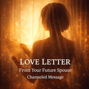 May include: A silhouette of a person wearing a veil, holding a letter, with the text "LOVE LETTER From Your Future Spouse Channeled Message" in a warm, golden light. The image evokes a sense of romance and mystery.