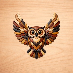 May include: A wooden owl sculpture with outstretched wings, crafted from various shades of brown, tan, and black wood. The owl's eyes are large and round, and the wings are spread wide. The sculpture is mounted on a light wood background.