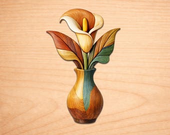 Patrones de madera con intarsia de lirio cala, patrones de arte en madera con intarsia, patrones para sierra de calar en PDF, descarga digital instantánea.