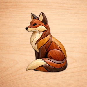 Peut inclure: Sculpture en bois de renard aux tons bruns, beiges et crème. Le renard est assis, la queue enroulée. L'œuvre est faite de morceaux de bois superposés, créant un effet texturé.