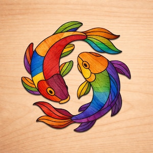 May include: Two colorful koi fish in a circular arrangement. The fish are painted with vibrant rainbow hues, including red, orange, yellow, green, blue, and purple. The artwork is set against a light wood grain background.