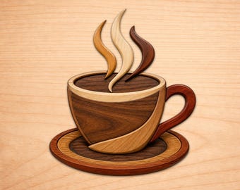 Patrones de marquetería en madera para tazas de café, patrones de arte en madera para marquetería, patrones para sierra de calar en PDF, descarga digital instantánea.