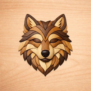 Peut inclure: Sculpture en bois représentant une tête de loup aux yeux fermés, réalisée à partir de différentes nuances de bois brun. L'œuvre présente un design détaillé avec des pièces superposées, créant un effet texturé. Le nez du loup est noir, et le fond est un grain de bois clair.