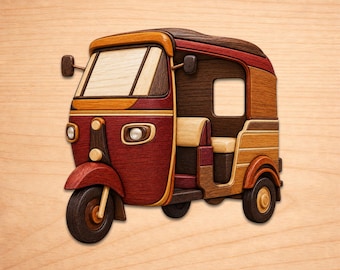 Auto Rickshaw Intarsia Wood Art Patterns, Scroll Saw Patterns Pdf, Wooden Sculpture, Instant Digital Download
