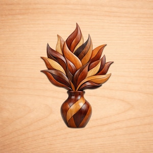 May include: A wooden wall art piece featuring a vase with a bouquet of stylized leaves. The leaves are various shades of brown and tan, and the vase has a striped pattern. The artwork is mounted on a light brown wooden background.
