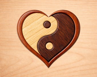 Patrones de intarsia en madera con forma de corazón Yin-Yang, patrones de arte en madera con intarsia, patrones para sierra de calar en PDF, descarga digital instantánea
