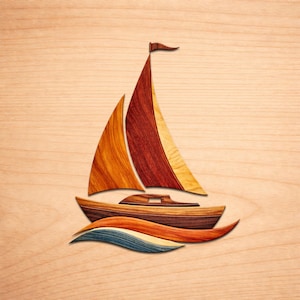 May include: A wooden sailboat art piece with a light brown background. The sailboat features orange and red sails, a brown hull, and a small flag. The waves are blue, orange, and brown.