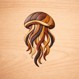 May include: A wooden jellyfish sculpture with a layered design. The jellyfish's bell is a mix of dark and light brown wood, while the tentacles feature shades of brown, tan, and reddish-brown. The artwork is set against a light wood grain background.