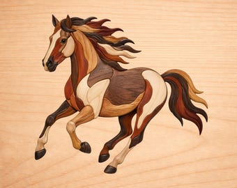 Patrones de madera con incrustaciones de caballos al galope, patrones de arte en madera con incrustaciones, patrones para sierra de calar en PDF, descarga digital instantánea.