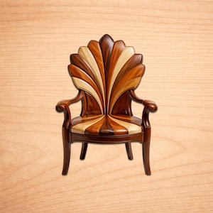 May include: A wooden armchair with a fan-shaped backrest. The backrest and seat feature a pattern of alternating light and dark wood panels. The chair has curved armrests and four legs. The wood tones range from light tan to dark brown.