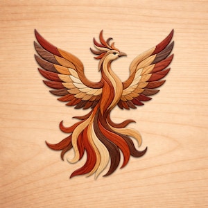May include: A wooden marquetry wall art piece depicting a phoenix with wings spread wide. The bird is crafted from various wood veneers in shades of light cream, golden tan, warm orange, deep red, and dark brown, showcasing natural wood grain patterns.