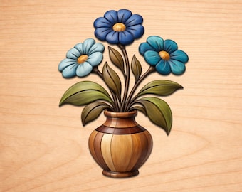 Diseños de intarsia en madera con flores azules en un jarrón, patrones de arte en madera con intarsia, patrones para sierra de calar en PDF, descarga digital instantánea.