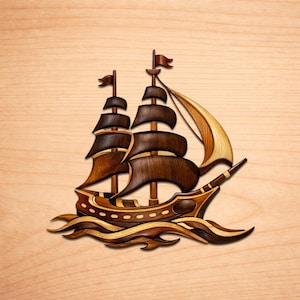 May include: A wooden ship carving with dark brown sails and a light brown hull, set against a light wood background. The ship has two masts with small red flags and is depicted sailing on stylized waves.