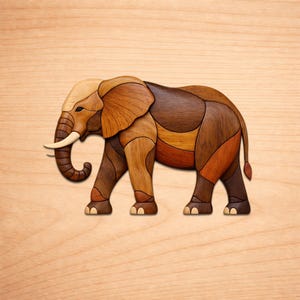 May include: Wooden elephant sculpture with a patchwork design in various shades of brown. The elephant has ivory tusks and is depicted in a walking pose. The artwork is set against a light wood grain background.