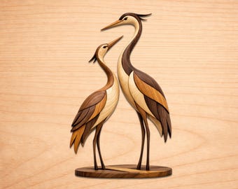 Patrones de madera con incrustaciones de garzas, patrones de arte en madera con incrustaciones, patrones para sierra de calar en PDF, descarga digital instantánea.