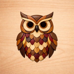 May include: Wooden owl wall art featuring a mosaic design. The owl has large, round eyes and a beak. The feathers are made of various wood tones, including brown, red, and yellow. The owl is a decorative item.