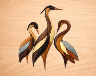 Tres patrones de madera con incrustaciones de garzas, patrones de arte en madera con incrustaciones, patrones para sierra de calar en PDF, descarga digital instantánea.