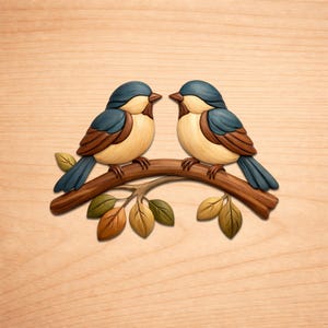 May include: A wooden carving of two birds perched on a branch with leaves. The birds have blue, brown, and cream-colored feathers. The branch and leaves are brown and green, set against a light wood grain background.