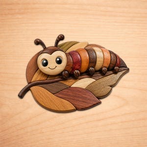 May include: A wooden marquetry art piece featuring a smiling caterpillar with large black eyes and segmented body parts in various natural wood tones, resting on a stylized leaf composed of multiple inlaid wood grain sections in brown hues.
