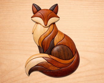 Patrones de madera con incrustaciones de zorro, patrones de arte en madera con incrustaciones, patrones para sierra de calar en PDF, descarga digital instantánea.