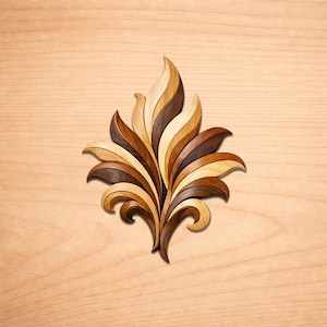 May include: A wooden decorative wall art piece in the shape of a stylized floral design. The piece is made of various shades of wood, including light and dark browns, and beige. The design features curved lines and a symmetrical arrangement.