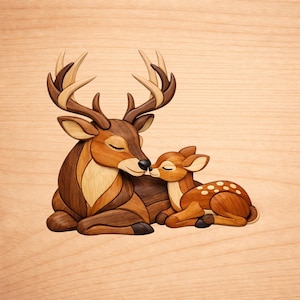 May include: A wooden art piece depicting a deer and a fawn in a loving embrace. The deer has large antlers and is in shades of brown and tan. The fawn has white spots and is nestled close to the deer.
