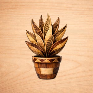 May include: A wooden sculpture of a plant in a pot. The plant's leaves are various shades of brown and tan, and the pot has a geometric design. The sculpture is set against a light wood background.