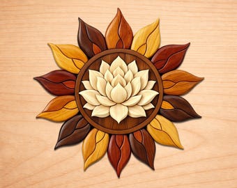 Patrones de madera con intarsia de sol de loto, patrones de arte en madera con intarsia, patrones de sierra de calar en PDF, descarga digital instantánea