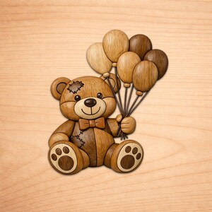 May include: A wooden teddy bear holding wooden balloons. The bear has a stitched patch on its head and leg, a bow tie, and paw prints. The balloons are in varying shades of brown.