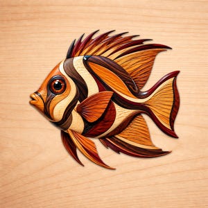 May include: A wooden fish sculpture with intricate details. The fish features a variety of wood tones, including light tan, dark brown, and reddish-brown. The fins and tail are fanned out, and the eye is a warm brown color. The sculpture is mounted on a light wood surface.