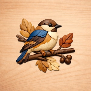 May include: A wooden bird sculpture with a brown head, blue wings, and a cream-colored chest, perched on a branch with leaves and berries. The artwork is crafted from various wood tones and set against a light wood grain background.
