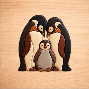 May include: A wooden intarsia wall art piece featuring two adult penguins leaning towards a small chick. The penguins are crafted from various wood tones including dark brown, light tan, and medium brown, creating a layered, textured appearance.