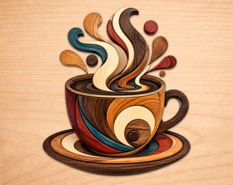 Patrones de marquetería en madera para tazas de café, patrones de arte en madera para marquetería, patrones para sierra de calar en PDF, descarga digital instantánea.