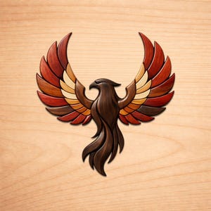 May include: A wooden phoenix sculpture with outstretched wings, crafted from various wood tones. The wings display a gradient of colors, from deep red to light tan. The bird's body is a rich brown, and the piece is set against a light wood background.