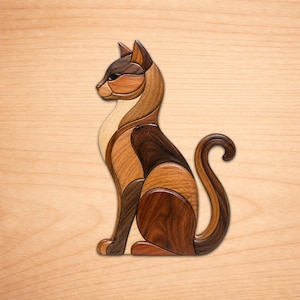 May include: A wooden cat sculpture in shades of brown, tan, and cream. The cat is in a seated position with its tail curled. The artwork is made from various wood pieces, creating a mosaic effect. The cat is set against a light wood background.