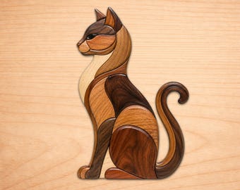 Elegantes diseños de marquetería de gatos sentados, patrones de arte en madera para marquetería, patrones para sierra de calar en PDF, descarga digital instantánea.