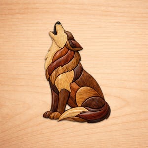 May include: A wooden mosaic of a howling wolf, crafted from various shades of brown wood. The wolf is depicted in a seated position with its head raised and mouth open. The artwork is mounted on a light-colored wooden surface.