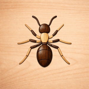 Könnte beinhalten: Eine Holzskulptur einer Ameise. Die Ameise besteht aus verschiedenen Braun- und Beigetönen, mit einem segmentierten Körper, sechs Beinen und zwei Antennen. Sie liegt auf einer hellbraunen Holzoberfläche.
