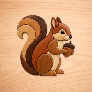 May include: A wooden squirrel sculpture with a multi-toned tail and body, holding an acorn. The squirrel's fur is a mix of light and dark browns, with a cream-colored belly. The acorn is a dark brown. The sculpture is set against a light wood grain background.