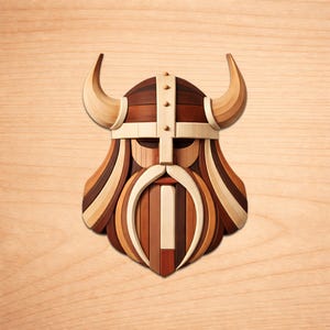 May include: Wooden wall art of a Viking's face, featuring a horned helmet and long beard. The artwork is constructed from various shades of brown and tan wood, creating a layered effect. The horns are curved and light-colored, contrasting with the darker helmet.