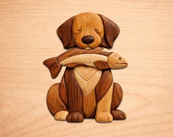 Patrones de marquetería de madera con perro y pez, patrones de arte en marquetería de madera, patrones para sierra de calar en PDF, descarga digital instantánea.