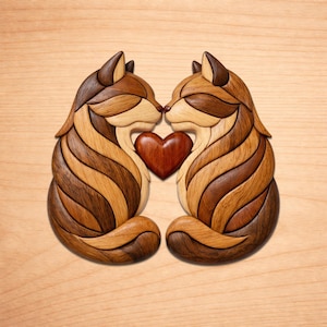 Puede incluir: Arte de pared de madera que representa dos gatos estilizados enfrentados, con un corazón entre ellos. Los gatos están hechos de varias tonalidades de madera marrón, creando un patrón a rayas. El corazón es de un tono marrón más oscuro. La obra está montada sobre un fondo de madera clara.