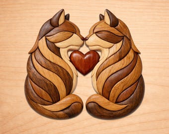 Patrones de madera con intarsia de corazón de gato, patrones de arte en madera con intarsia, patrones de sierra de calar en PDF, descarga digital instantánea