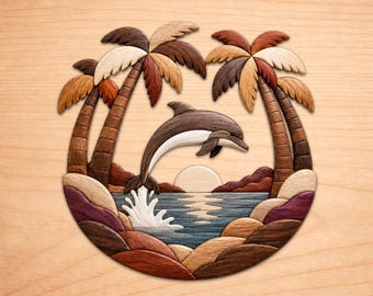 Dolphin and Palm Trees  Intarsia Wood Patterns, Intarsia Wood Art Patterns, Scroll Saw Patterns Pdf, Instant Digital Download