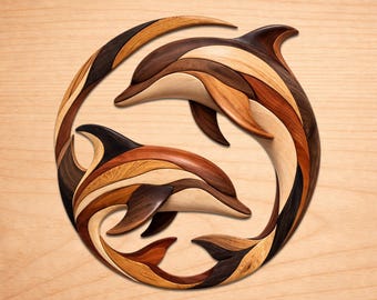 Patrones de madera con intarsia de círculos de delfines, patrones de arte en madera con intarsia, patrones para sierra de calar en PDF, descarga digital instantánea.