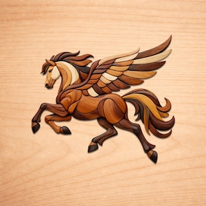 May include: A wooden Pegasus sculpture in shades of brown, tan, and cream. The winged horse is depicted mid-stride, with detailed wings and flowing mane and tail. The artwork is mounted on a light wood background.