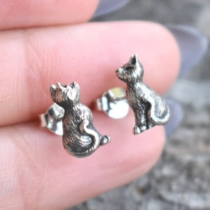 Black Cat Earrings, Cat Studs, Cat Earrings, Cat Post Earrings, Cat Jewelry, Cat Lover Gift, Sterling Silver Cat Earrings, Kitty Earring