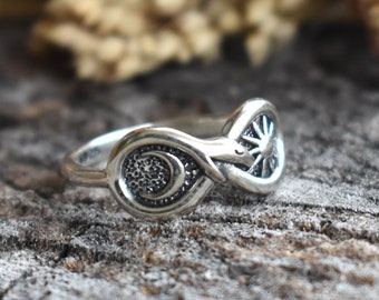 Sun and Moon Ring, Infinity Snake ring, ouroboros ring, sterling snake, silver snake ring, infinity ring, moon star ring, death and rebirth